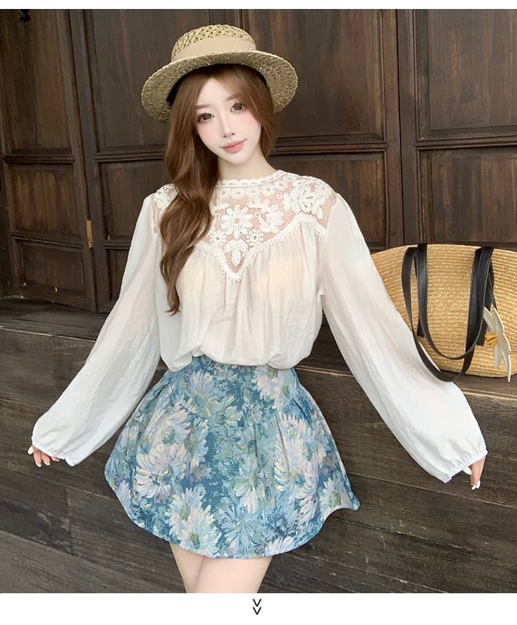 프랑스식 작은 샤넬 스타일 홀로우 아웃 레이스 조각 벌룬 소매 여성 셔츠 2026 여름 하이웨이스트 자카드 한 마디 치마 세트 상세 이미지 18