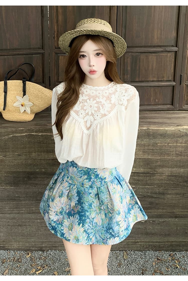 프랑스식 작은 샤넬 스타일 홀로우 아웃 레이스 조각 벌룬 소매 여성 셔츠 2026 여름 하이웨이스트 자카드 한 마디 치마 세트 상세 이미지 19