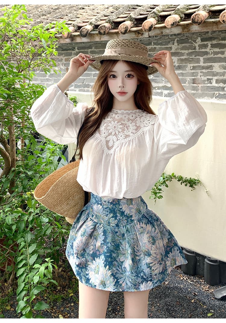 프랑스식 작은 샤넬 스타일 홀로우 아웃 레이스 조각 벌룬 소매 여성 셔츠 2026 여름 하이웨이스트 자카드 한 마디 치마 세트 상세 이미지 20