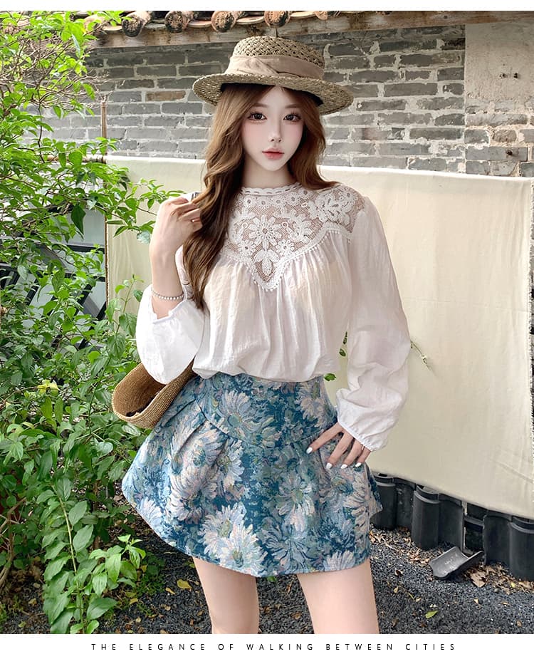 프랑스식 작은 샤넬 스타일 홀로우 아웃 레이스 조각 벌룬 소매 여성 셔츠 2026 여름 하이웨이스트 자카드 한 마디 치마 세트 상세 이미지 21