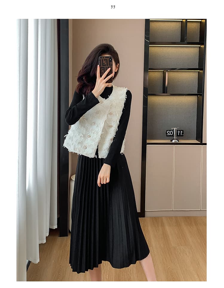 프랑스식 작은 샤넬 스타일 술 베스트 검정색 여성 드레스 봄 가을 새로운 품격 플리츠 롱 스커트 투피스 세트 상세 이미지 14