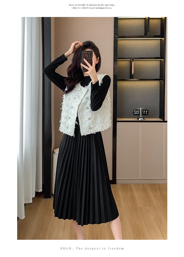 프랑스식 작은 샤넬 스타일 술 베스트 검정색 여성 드레스 봄 가을 새로운 품격 플리츠 롱 스커트 투피스 세트 상세 이미지 17
