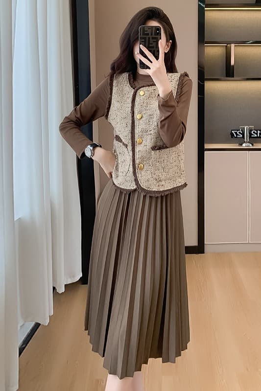 프랑스식 드레스 베스트 작은 샤넬 스타일 세트 여성 의류 봄 가을 겨울 새로운 품격 명문 여성 투피스 세트 이미지 7