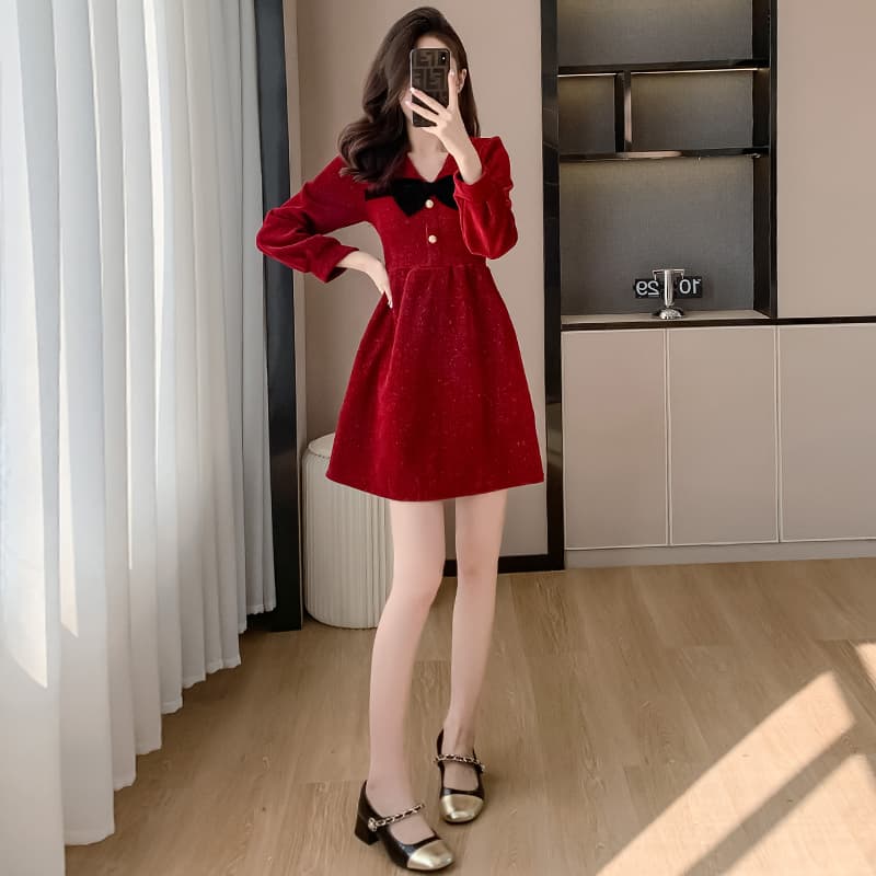 가을 겨울 프랑스식 작은 샤넬 스타일 나비 매듭 빨간색 여성 드레스 가을 겨울 허리 수축 광택 실 한 마디 치마 이미지 3