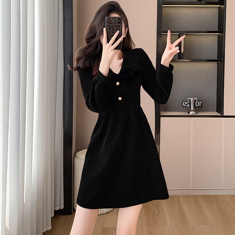 가을 겨울 프랑스식 작은 샤넬 스타일 나비 매듭 빨간색 여성 드레스 가을 겨울 허리 수축 광택 실 한 마디 치마 이미지 4
