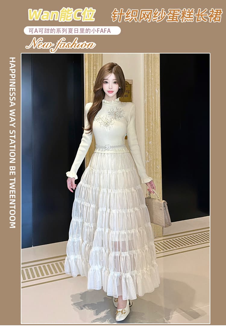 프랑스식 부드러운 바람 니트 패치워크 망사 여성 드레스 가을 무거운 작업 케이크 큰 진자 요정 가스 요정 롱 스커트 상세 이미지 1