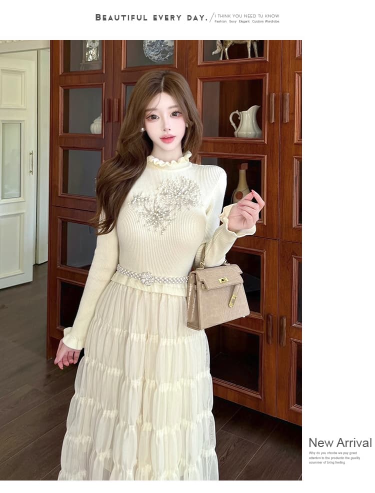 프랑스식 부드러운 바람 니트 패치워크 망사 여성 드레스 가을 무거운 작업 케이크 큰 진자 요정 가스 요정 롱 스커트 상세 이미지 12
