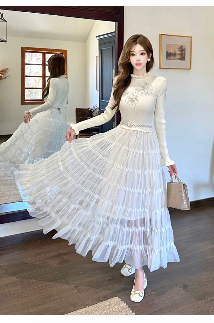 프랑스식 부드러운 바람 니트 패치워크 망사 여성 드레스 가을 무거운 작업 케이크 큰 진자 요정 가스 요정 롱 스커트 상세 이미지 16