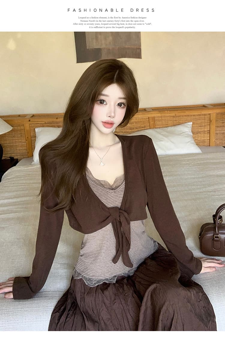 이른 가을 새로운 한 부서 세트 여성 디자인 센스 스트랩 긴팔 맨위 슬림해 보이는 롱 스커트 외국 가스 3종 세트 상세 이미지 21