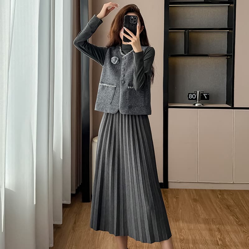 가을 겨울 한 부서 가져 가라. 코트 ~ 중 기본 스커트 다용도 조끼 베스트 슬림해 보이는 기본 스커트 롱 스커트 투피스 세트 이미지 6