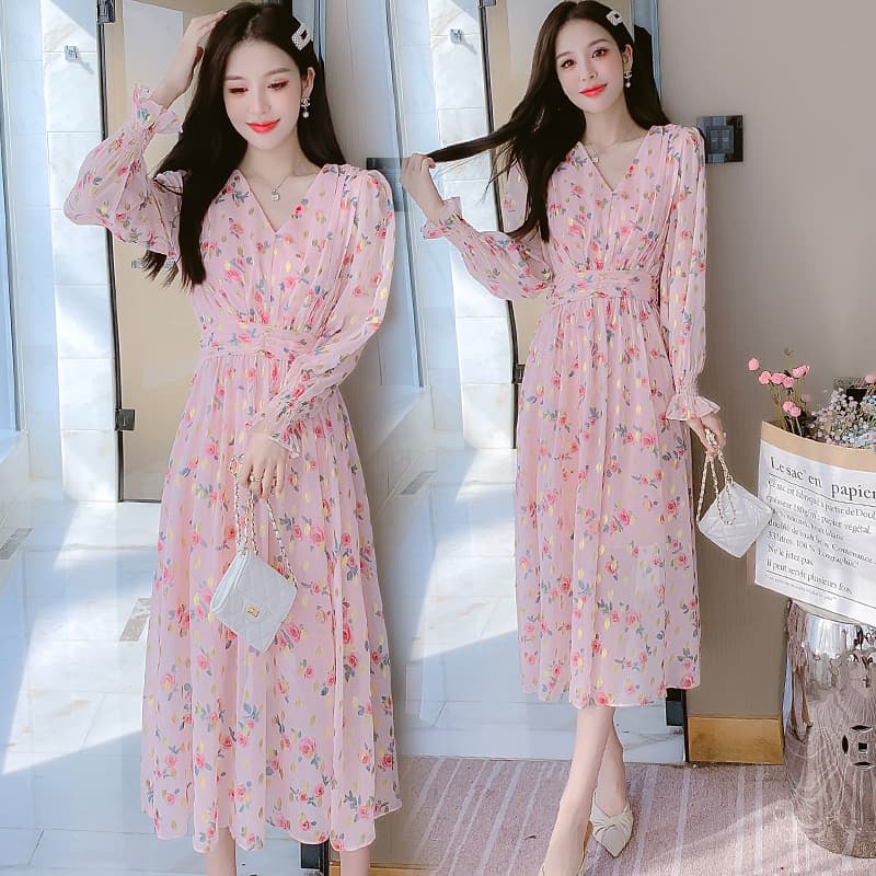 새로운 가을 V넥 벌룬 소매 숙녀 프릴 치마 식물 꽃무늬 달콤함 다림질 금박 드레스 이미지 3