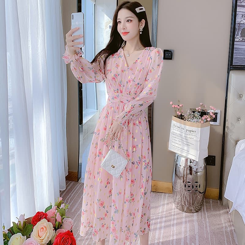 새로운 가을 V넥 벌룬 소매 숙녀 프릴 치마 식물 꽃무늬 달콤함 다림질 금박 드레스 이미지 6