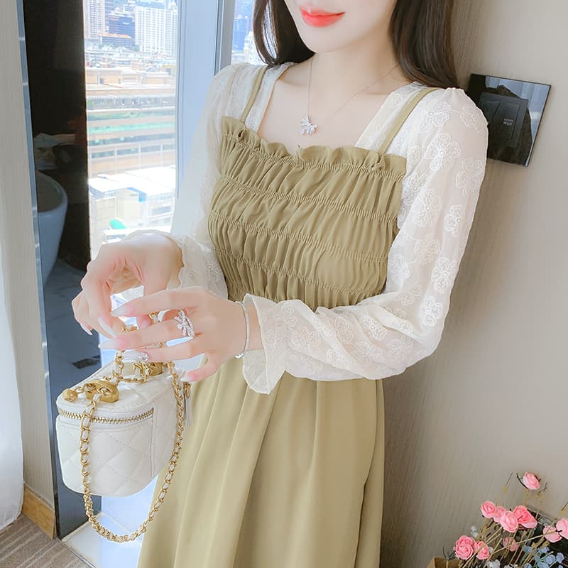 가을 패치워크 자수 달콤함 숙녀 중간 길이 스커트 광장 칼라 긴팔 드레스 이미지 5