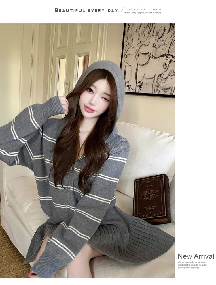스트라이프 니트 후드 오픈 가디건 스웨터 플리츠 미니 스커트 학원 스타일 연령 감소 패션 투피스 슈트 여성 가을 상세 이미지 17