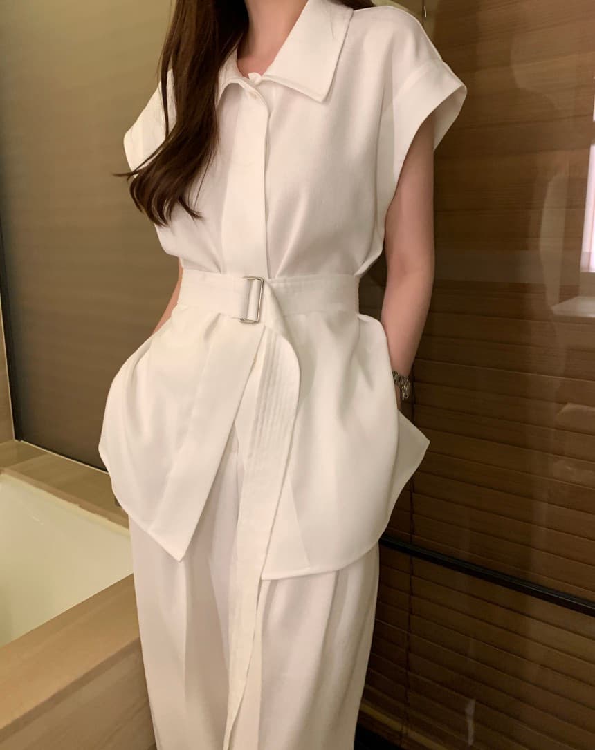 프랑스식 세트 단색 폴로 칼라 레이스업 허리 수축 반팔 셔츠 하이웨이스트 와이드 레그 팬츠 바닥 청소 바지 두 조각 여성 세트 상세 이미지 14