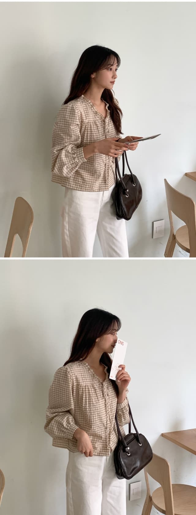 한국 스타일 레트로 체크무늬 연꽃 잎 레이스 루즈핏 V넥 레이스 업 셔츠 달콤함 외국 가스 긴팔 자외선 차단 셔츠 맨위 상세 이미지 2