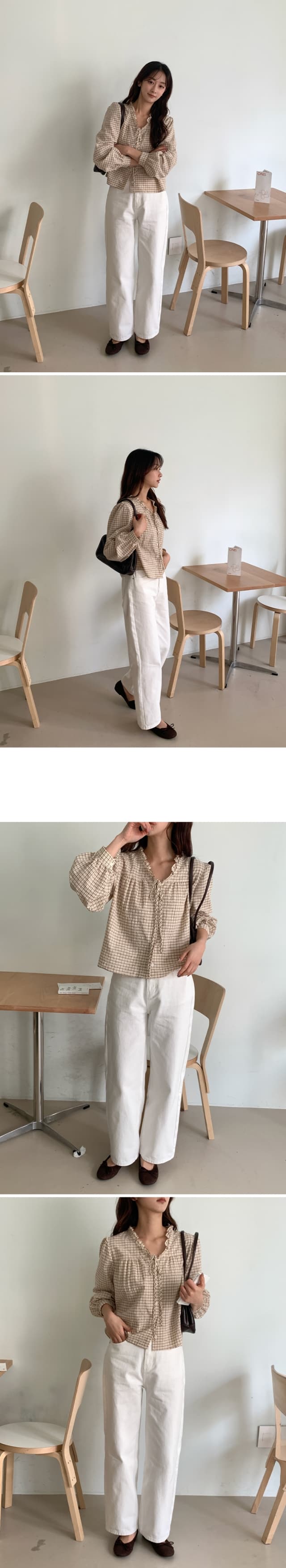 한국 스타일 레트로 체크무늬 연꽃 잎 레이스 루즈핏 V넥 레이스 업 셔츠 달콤함 외국 가스 긴팔 자외선 차단 셔츠 맨위 상세 이미지 3