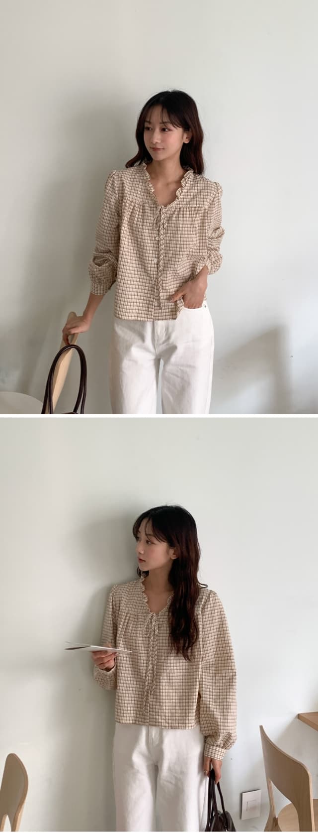 한국 스타일 레트로 체크무늬 연꽃 잎 레이스 루즈핏 V넥 레이스 업 셔츠 달콤함 외국 가스 긴팔 자외선 차단 셔츠 맨위 상세 이미지 4