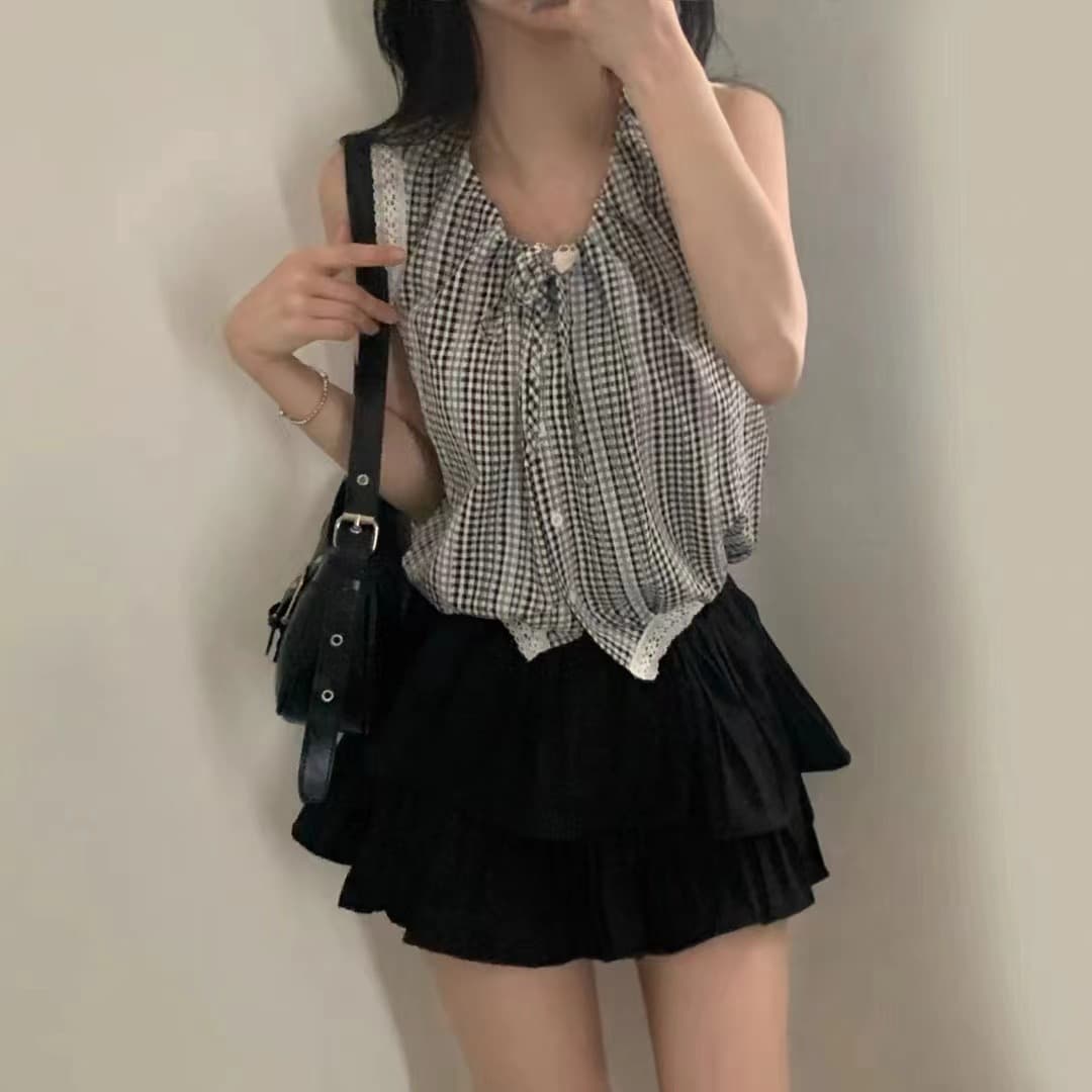 2026 Chic 디자인 센스 작은 대중 민소매 레이스업 작은 셔츠 작은 청신 다용도 슬림해 보이는 체크무늬 여성 셔츠 이미지 3