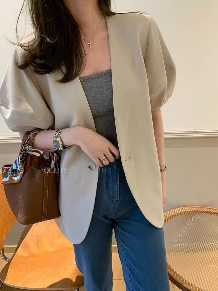 거품 소매 정장 짧은 외투 품격 캐주얼 도루 센스 슬림해 보이는 정장 다용도 없음 칼라 블레이저 미니멀리즘 반팔 이미지 2
