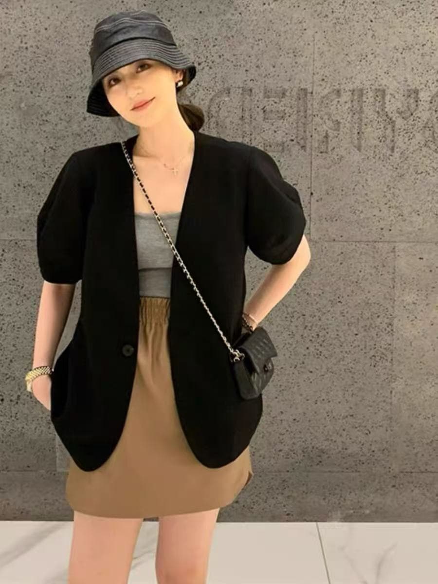 거품 소매 정장 짧은 외투 품격 캐주얼 도루 센스 슬림해 보이는 정장 다용도 없음 칼라 블레이저 미니멀리즘 반팔 상세 이미지 10