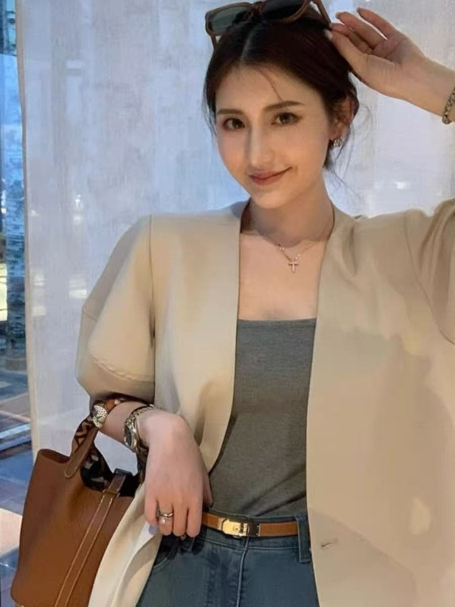 거품 소매 정장 짧은 외투 품격 캐주얼 도루 센스 슬림해 보이는 정장 다용도 없음 칼라 블레이저 미니멀리즘 반팔 상세 이미지 11