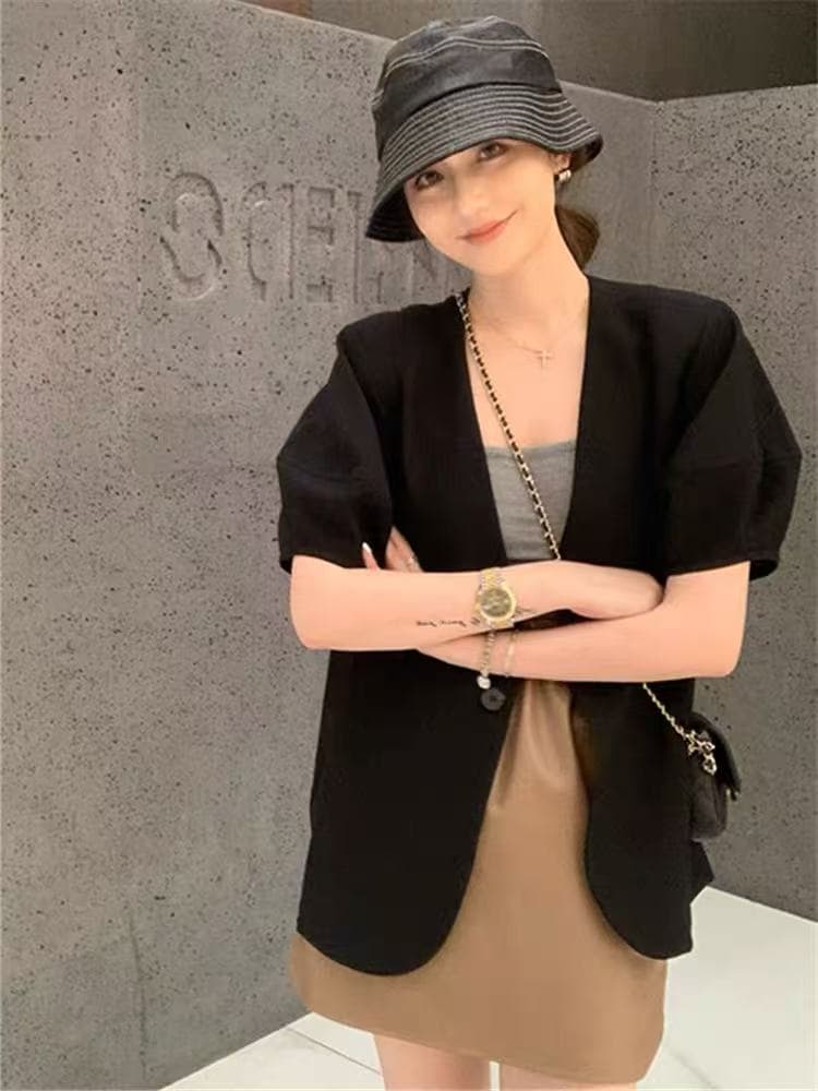거품 소매 정장 짧은 외투 품격 캐주얼 도루 센스 슬림해 보이는 정장 다용도 없음 칼라 블레이저 미니멀리즘 반팔 상세 이미지 15