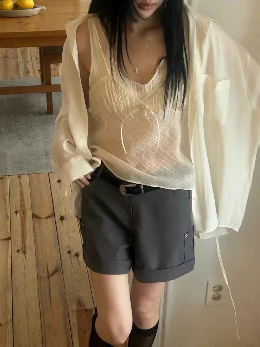 작은 섹시함 인사이드 가져 가라. 주름 질감 센스 캐미솔 망사 스택 착용 V넥 패치워크 슬립 페이크 레이어드 조끼 상세 이미지 1