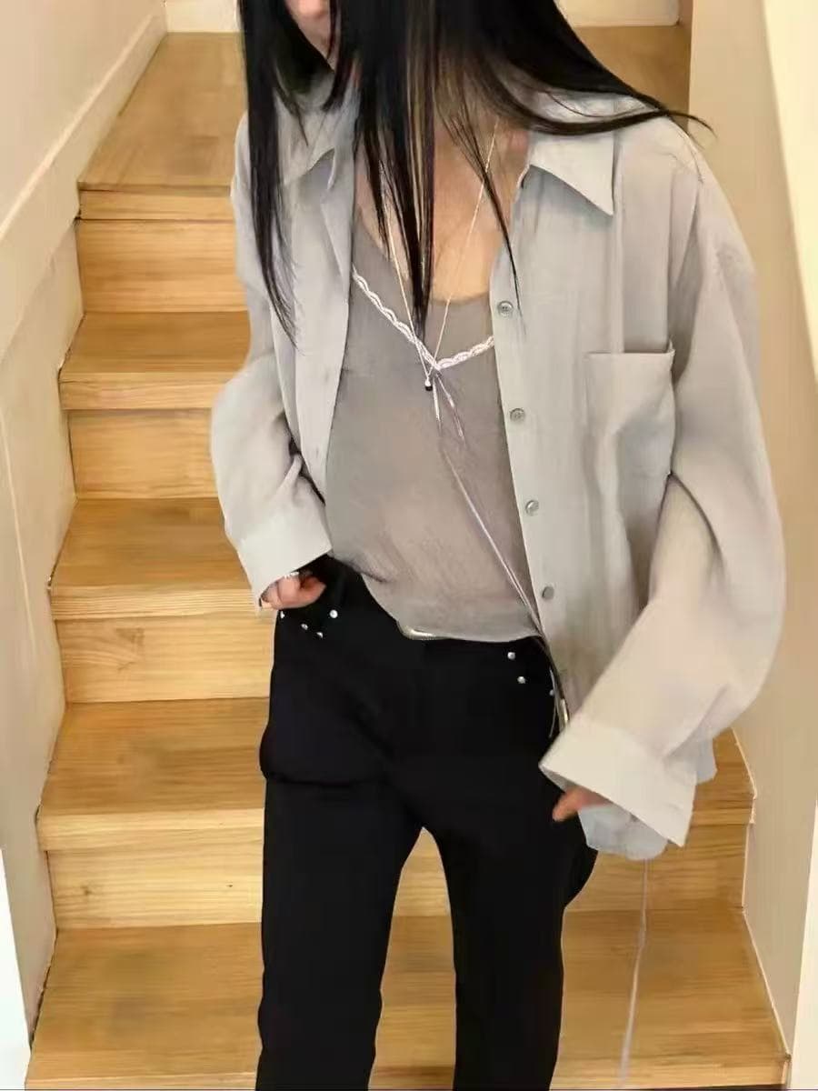 작은 섹시함 인사이드 가져 가라. 주름 질감 센스 캐미솔 망사 스택 착용 V넥 패치워크 슬립 페이크 레이어드 조끼 상세 이미지 2