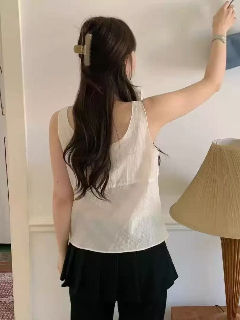 작은 섹시함 인사이드 가져 가라. 주름 질감 센스 캐미솔 망사 스택 착용 V넥 패치워크 슬립 페이크 레이어드 조끼 상세 이미지 3