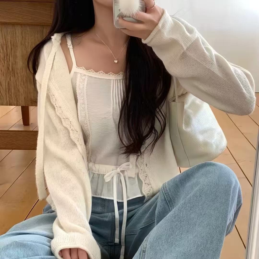 캐미솔 싱글 줄 버튼 레이스 레이스 레이스업 순면 뒤로 심장 안에 가져 가라. 허리 수축 슬림해 보이는 캐미솔 쇼트 스타일 외출용 이미지 2