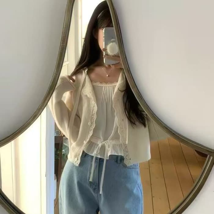 캐미솔 싱글 줄 버튼 레이스 레이스 레이스업 순면 뒤로 심장 안에 가져 가라. 허리 수축 슬림해 보이는 캐미솔 쇼트 스타일 외출용 이미지 4