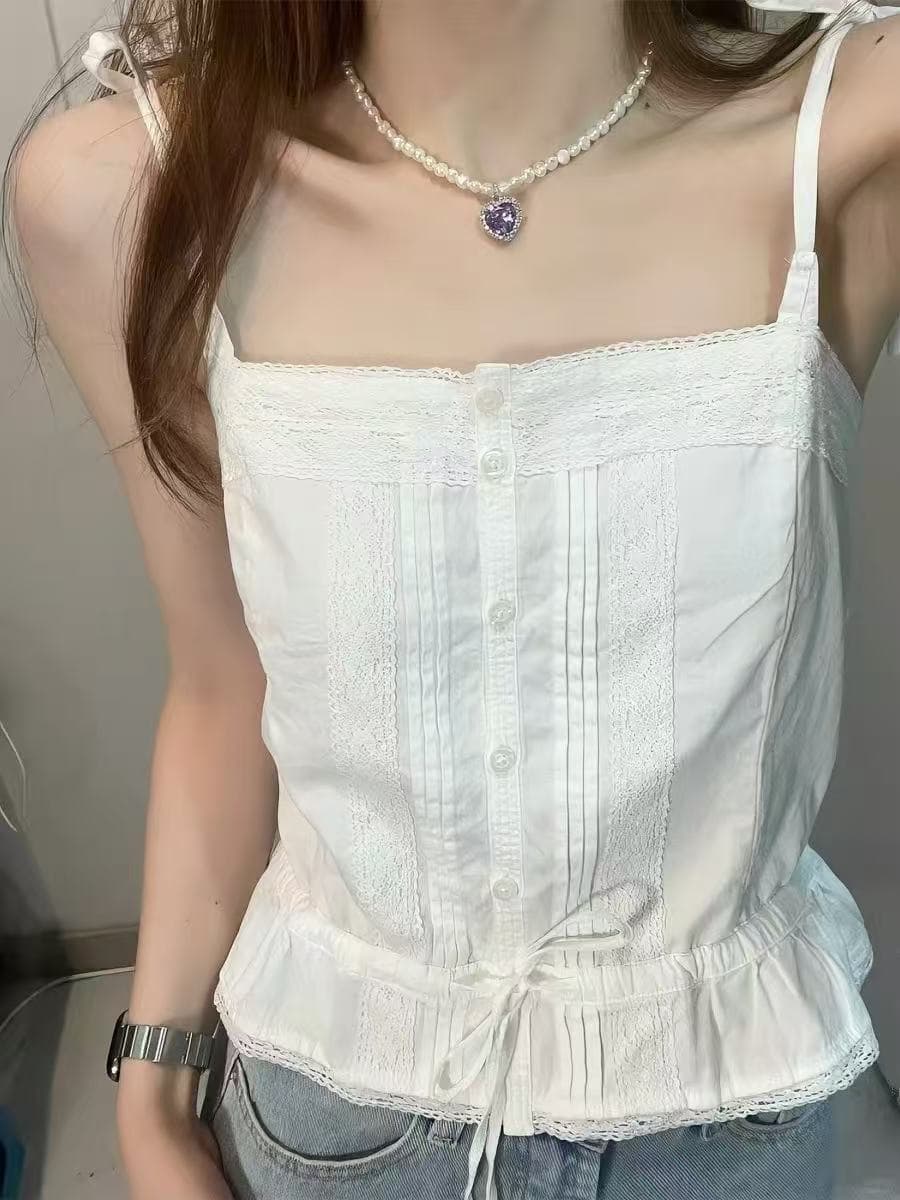 캐미솔 싱글 줄 버튼 레이스 레이스 레이스업 순면 뒤로 심장 안에 가져 가라. 허리 수축 슬림해 보이는 캐미솔 쇼트 스타일 외출용 상세 이미지 3