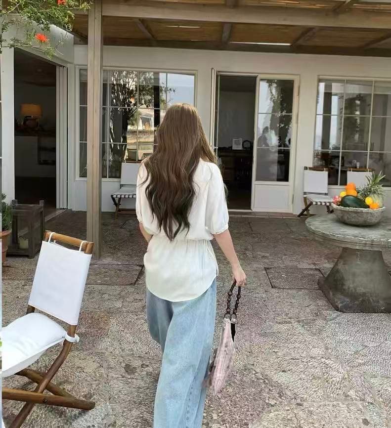 느긋한 센스 통기성 루즈핏 폴로 칼라 캐주얼 주머니 반팔 셔츠 중간 길이 펌프 로프 허리 수축 셔츠 드레스 이미지 4