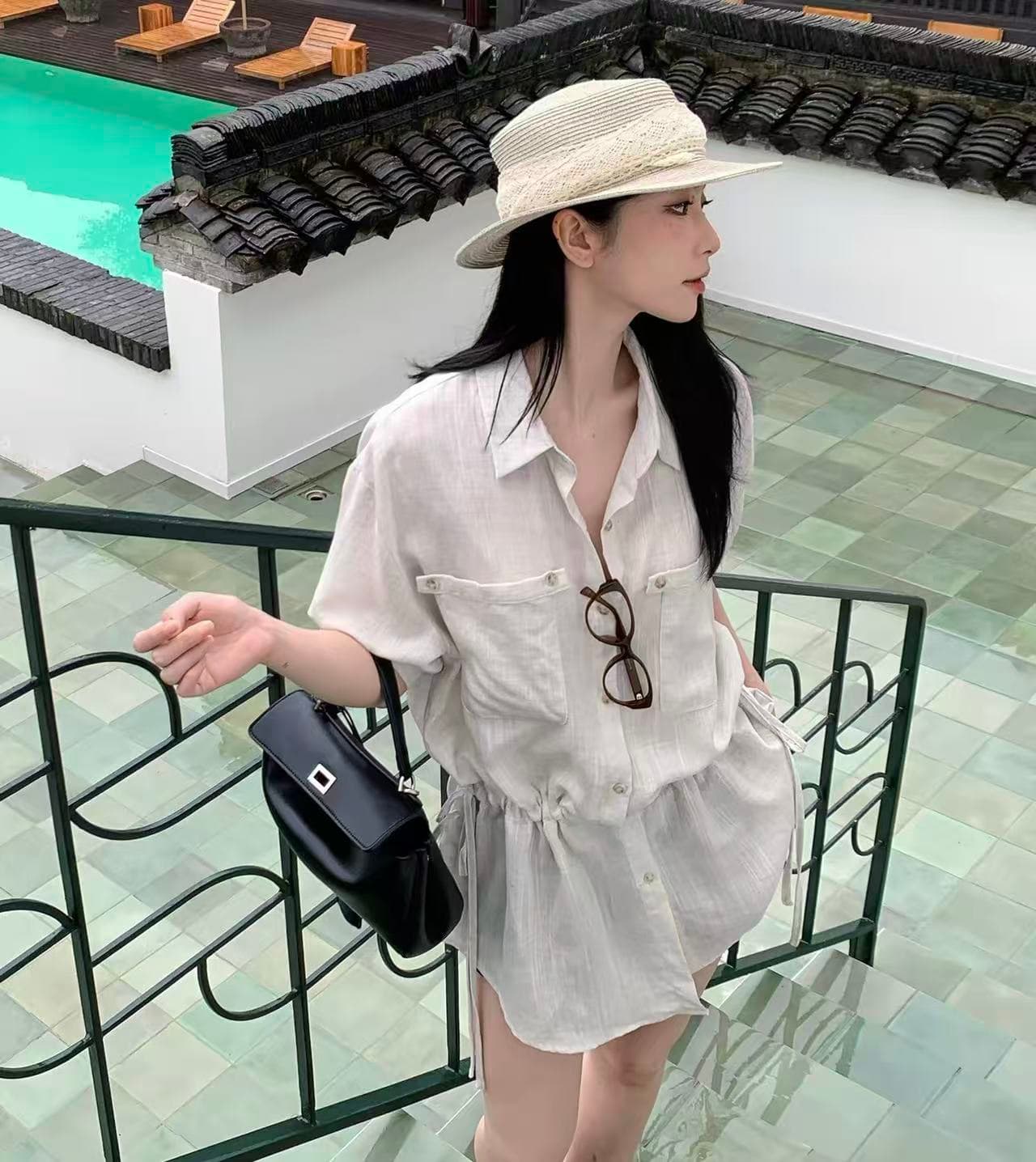 느긋한 센스 통기성 루즈핏 폴로 칼라 캐주얼 주머니 반팔 셔츠 중간 길이 펌프 로프 허리 수축 셔츠 드레스 상세 이미지 6