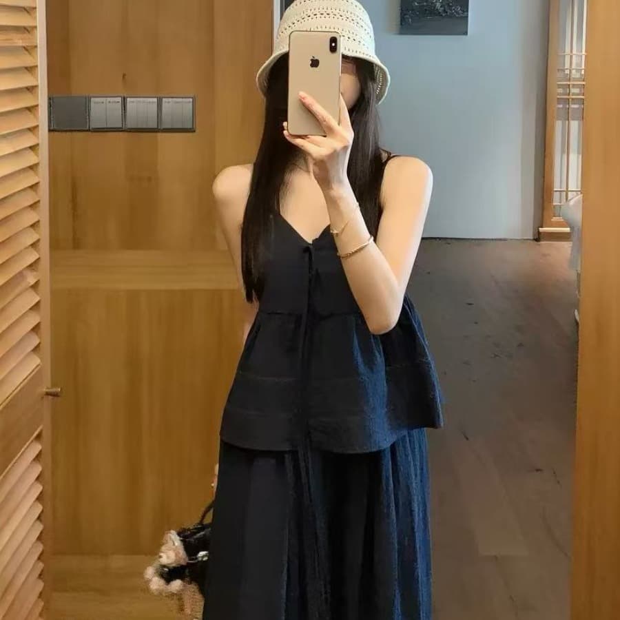 품격 V넥 레이스업 싱글 줄 버튼 캐미솔 작은 셔츠 하이웨이스트 루즈핏 스트레이트 와이드 레그 팬츠 세트 투피스 세트 이미지 2
