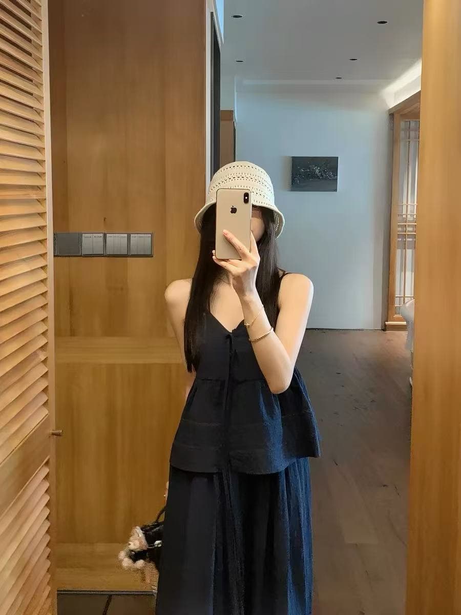 품격 V넥 레이스업 싱글 줄 버튼 캐미솔 작은 셔츠 하이웨이스트 루즈핏 스트레이트 와이드 레그 팬츠 세트 투피스 세트 상세 이미지 2