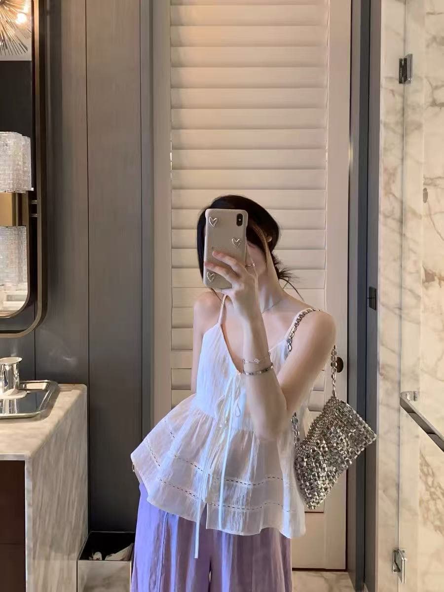 품격 V넥 레이스업 싱글 줄 버튼 캐미솔 작은 셔츠 하이웨이스트 루즈핏 스트레이트 와이드 레그 팬츠 세트 투피스 세트 상세 이미지 4