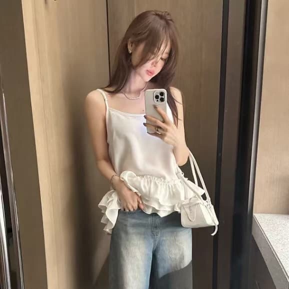 계단식 프릴 캐미솔 밑단 랩스커트팬츠 패치워크 민소매 만나는 조끼 슬립 케이크 드레스 맨위 상세 이미지 2