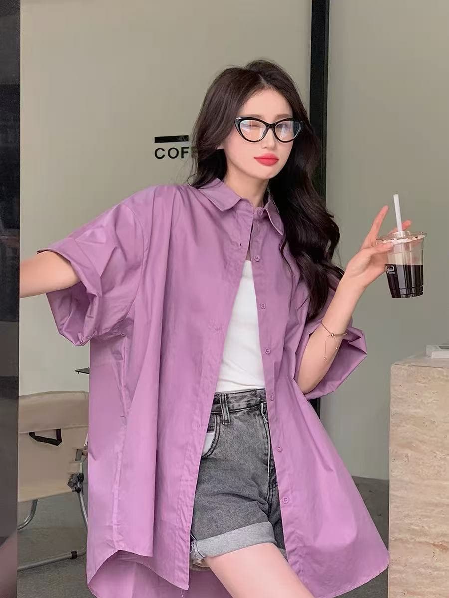 루즈핏 슬림해 보이는 빅 보드 종류 셔츠 드레스 다용도 반팔 중간 길이 여성 셔츠 얇은 맨위 재킷 패션 스택 착용 상세 이미지 2