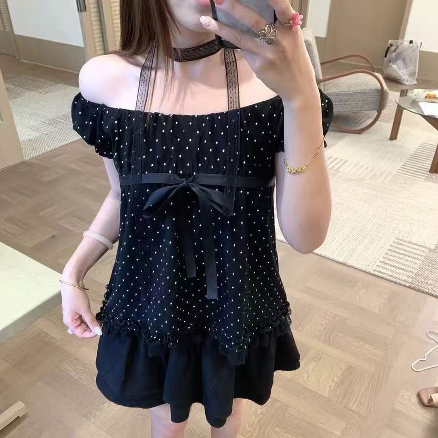 달콤함 도트 무늬 반팔 티셔츠 레이스 레이스 거품 소매 광장 칼라 둘 착용 한 단어 어깨끈 리본 루즈핏 작은 셔츠 이미지 4