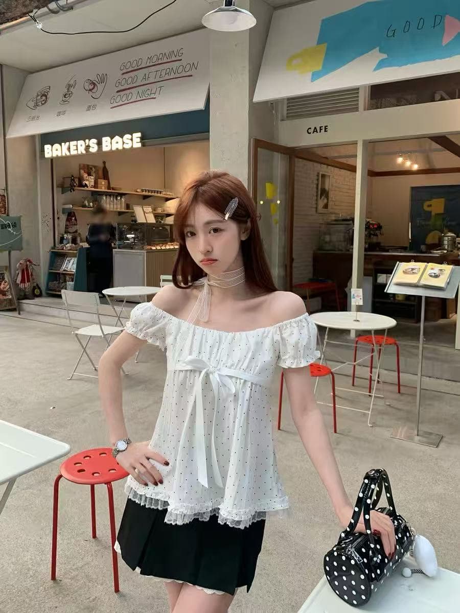 달콤함 도트 무늬 반팔 티셔츠 레이스 레이스 거품 소매 광장 칼라 둘 착용 한 단어 어깨끈 리본 루즈핏 작은 셔츠 상세 이미지 6