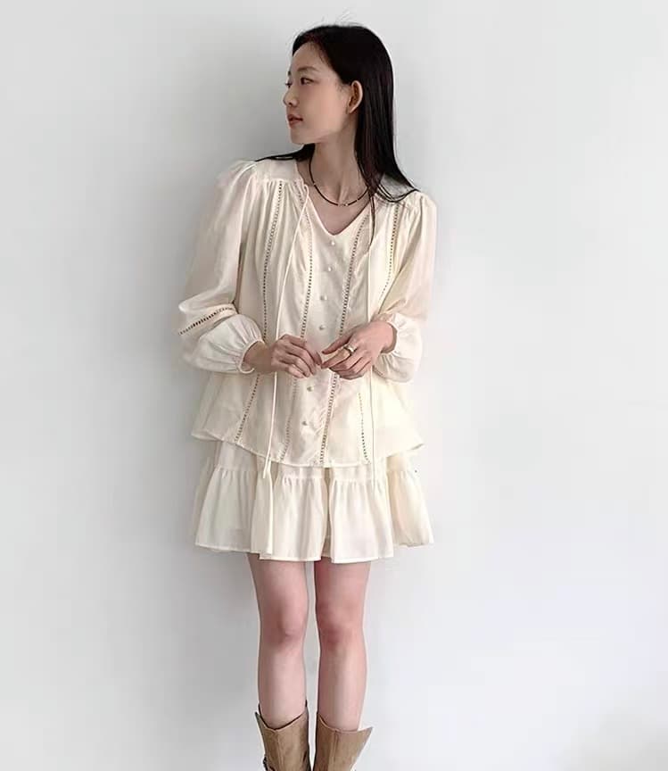 레이스 홀로우 아웃 패치워크 자외선 차단 V넥 레이스 업 셔츠 다용도 케이크 치마 세트 신선함 달콤함 세트 상세 이미지 1