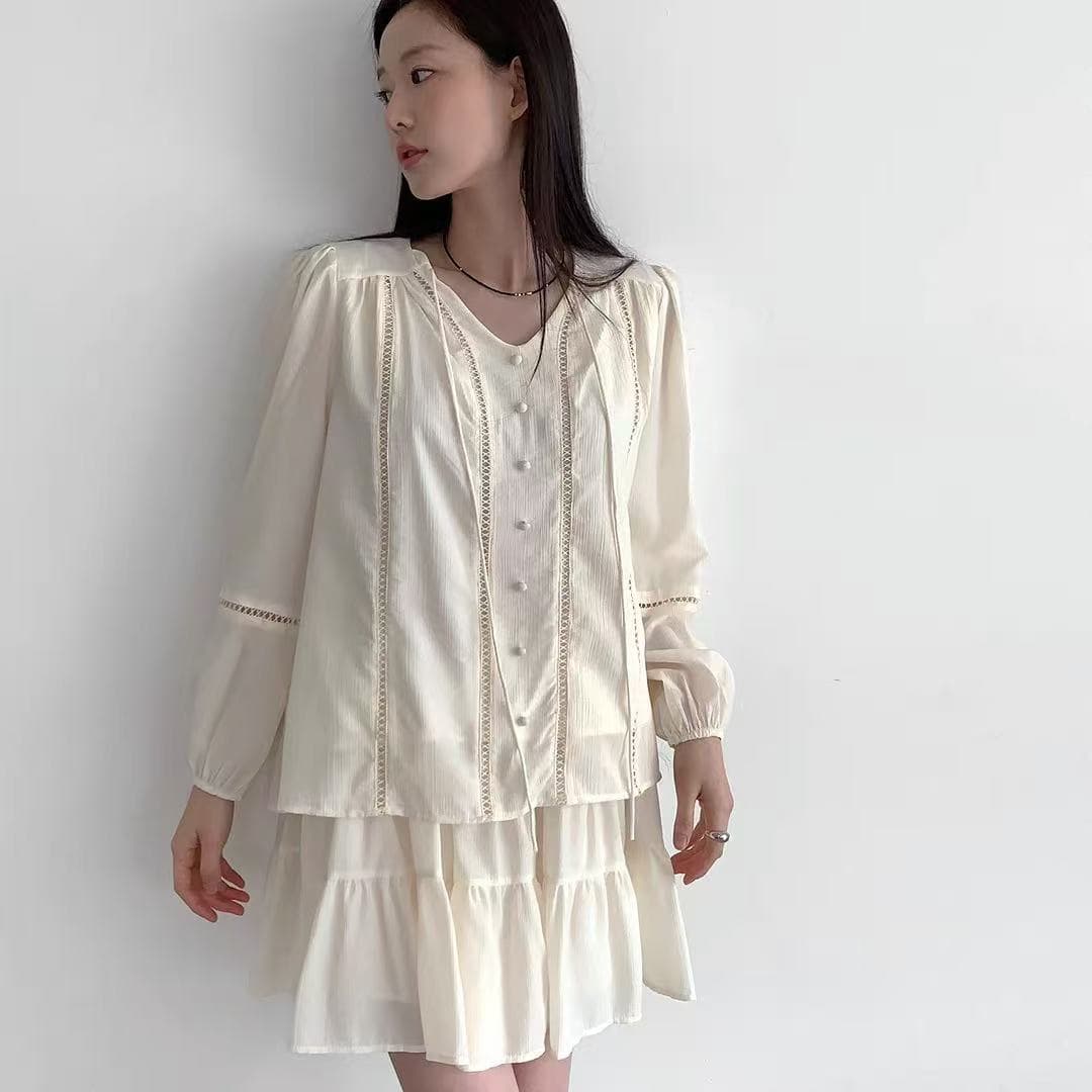 레이스 홀로우 아웃 패치워크 자외선 차단 V넥 레이스 업 셔츠 다용도 케이크 치마 세트 신선함 달콤함 세트 상세 이미지 6