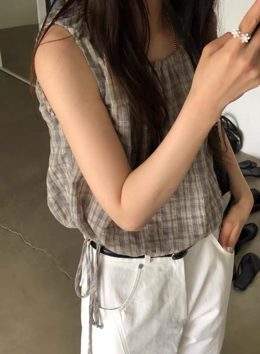 달콤함 마이크로 ~을 통해 격자 무늬 셔츠 허리 펌프 로프 슬림해 보이는 민소매 셔츠 차가운 얇은 스타일 조끼 작은 셔츠