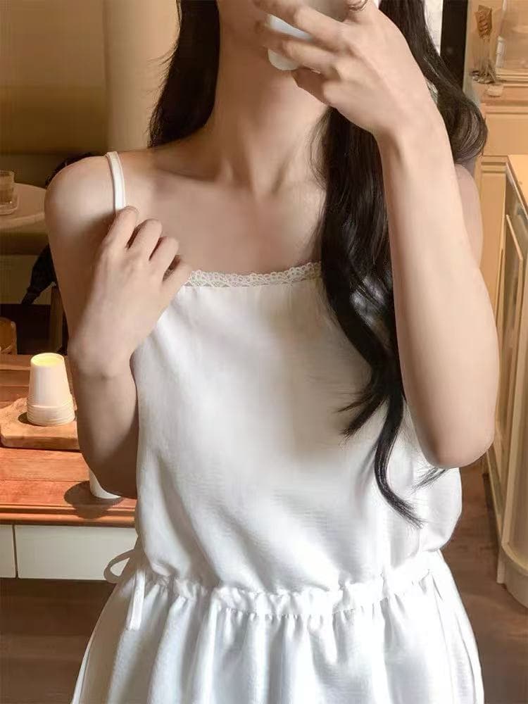 레이스 조각 광장 칼라 펌프 로프 레이스업 허리 수축 슬립 조끼 스커트 품격 인사이드 가져 가라. 드레스 계층의 감각 치마 상세 이미지 13
