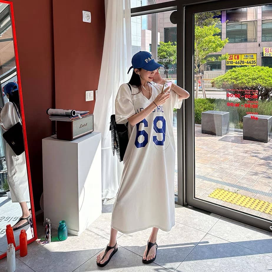 있음 선적 한국 동대문 전후 알파벳 프린트 티셔츠 여성 드레스 상세 이미지 6