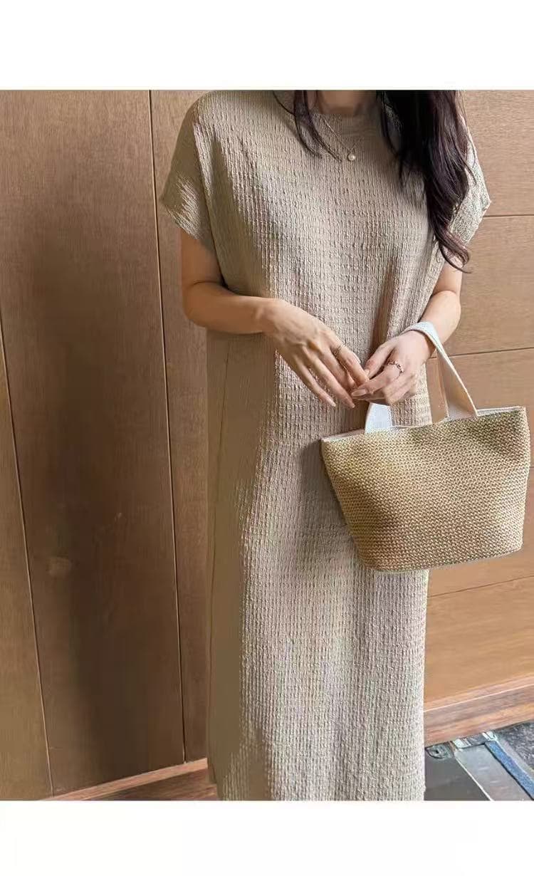 질감 센스 얇고 가벼운 드레스 미니멀리즘 라운드 넥 다용도 주름 심지어 어깨 루즈핏 스트레이트 길다 치마 캐주얼 Feifei 소매 상세 이미지 15