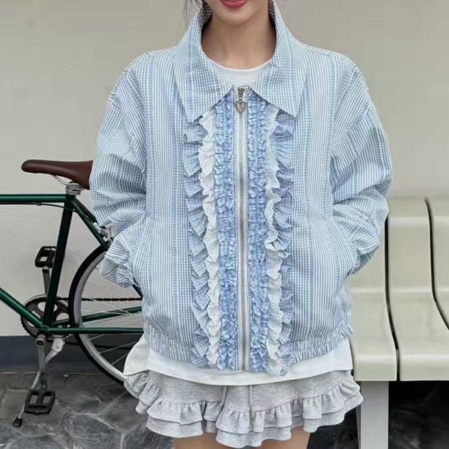 문 襟 레이스 플리츠 프릴 패치워크 체크무늬 지퍼 재킷 polo 폴로 칼라 셔츠 종류 재킷 긴팔 재킷 상세 이미지 2