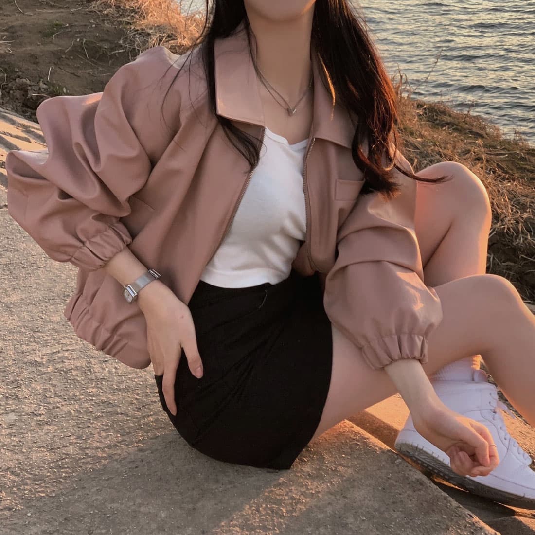 있음 밖으로 한국 미니멀리즘 캐주얼 다용도 폴로 칼라 작은 대중 지퍼 PU 가죽 짧은 외투 맨위 상세 이미지 1